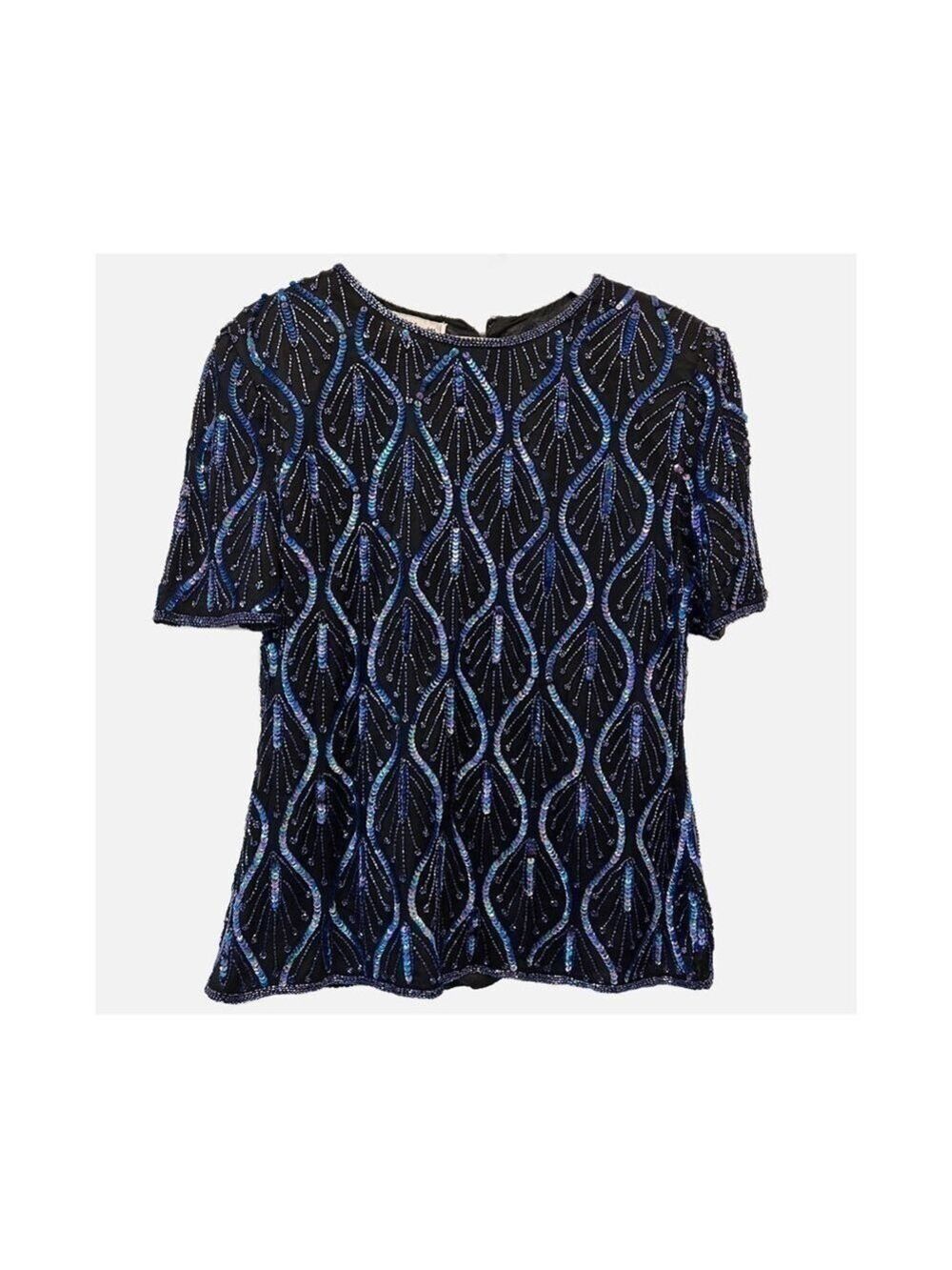 Vintage Stenay Sequin Beaded Top Sz L Zip Hook Closure Purple Blue Lined No Flaw